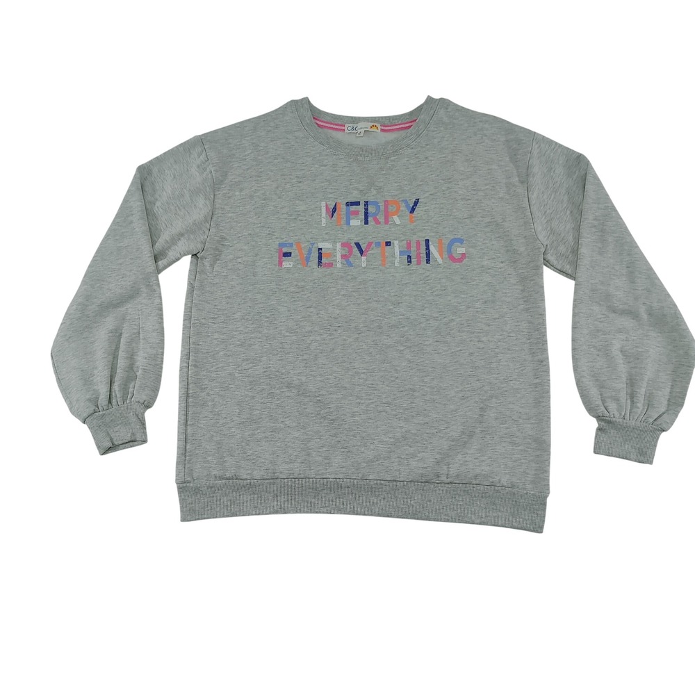 C&C California Merry Everything Gray Puff Sleeve Sweatshirt Size‎ S NWOT
